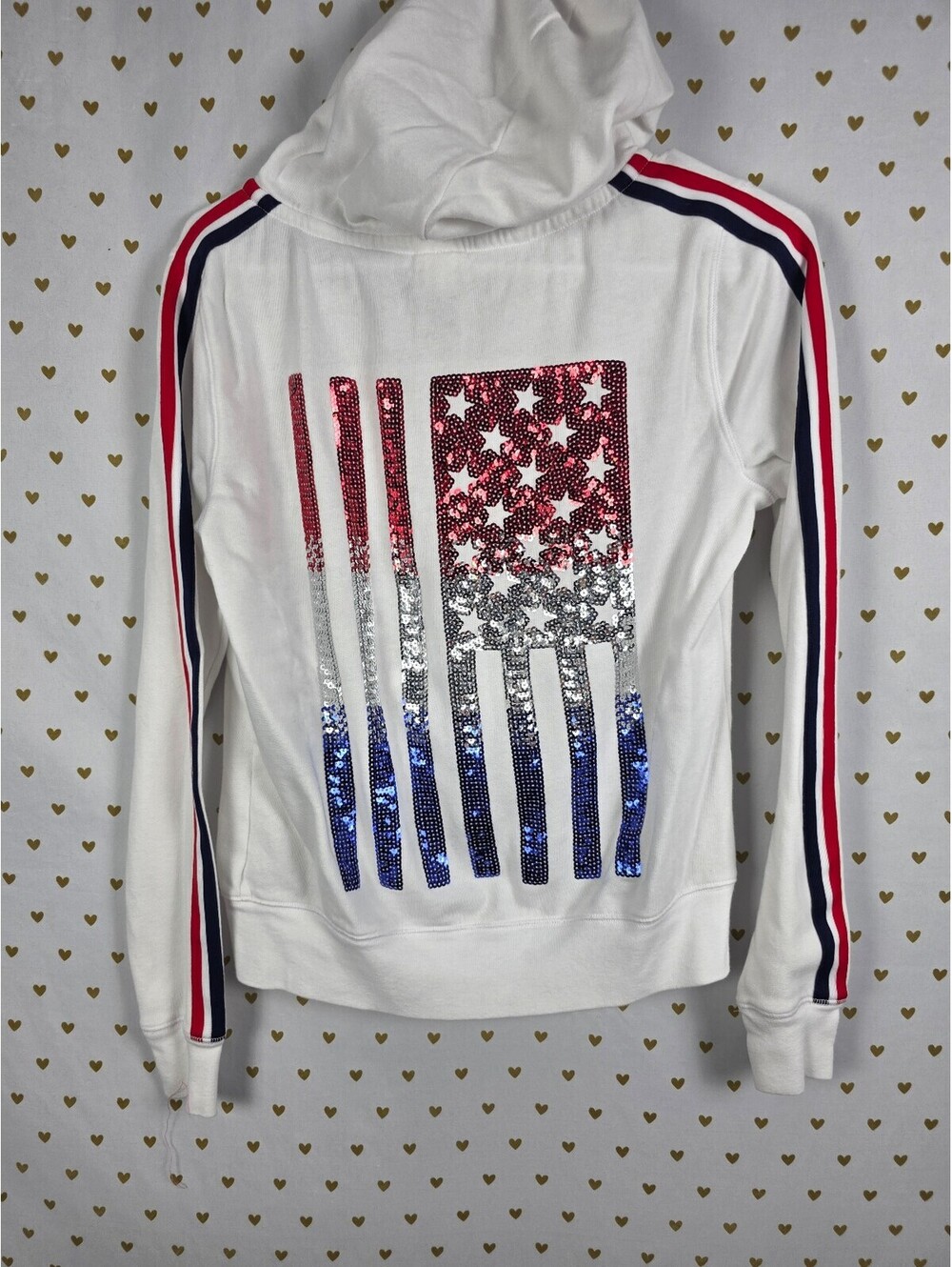 Victorias Secret Pink USA American Flag Bling sequined Gradient Hoodie Jacket Sm
